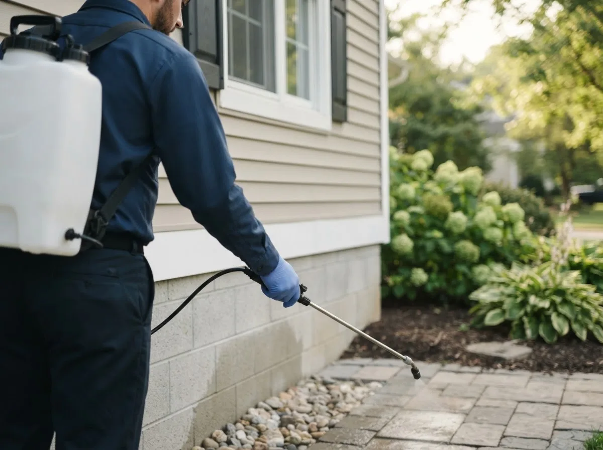 Pest control technician inspecting a home in Quincy, FL